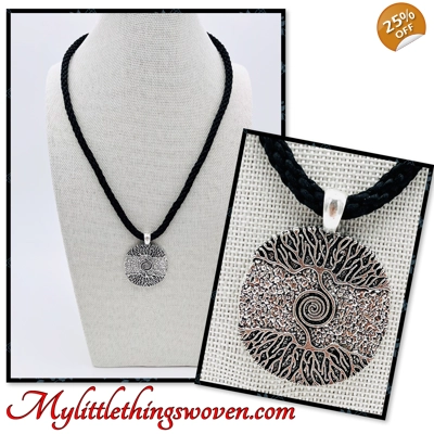 Tree of Life Necklace & Pendant Black Kumihimo Braided Cord Silver Adjustable 18" - 20" long