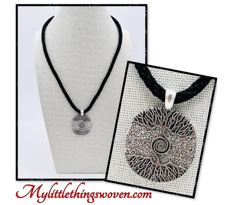 Tree of Life Necklace & Pendant Black Kumihimo Braided Cord Silver Adjustable 18" - 20" long