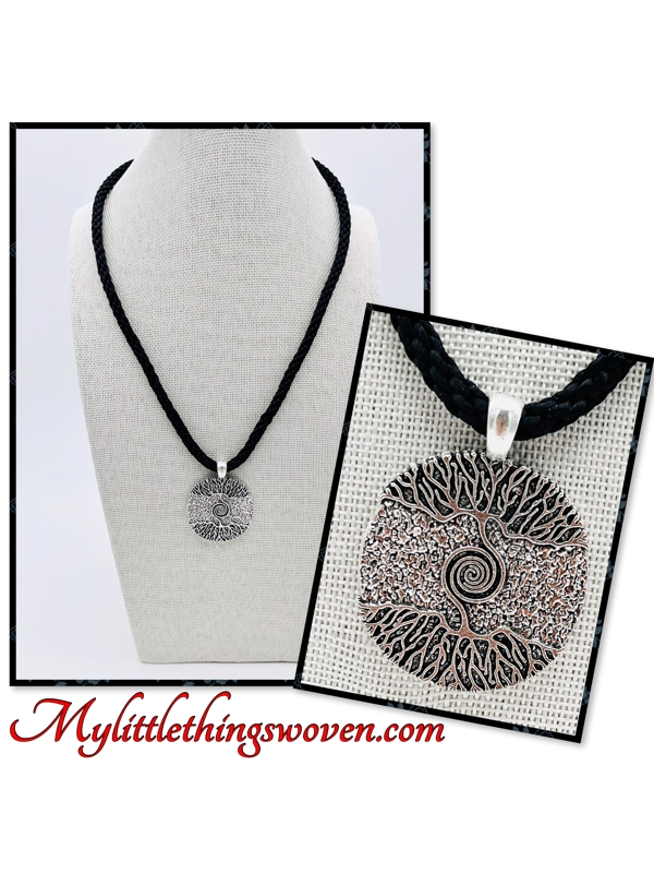 Tree of Life Necklace & Pendant Black Kumihimo Braided Cord Silver Adjustable 18" - 20" long