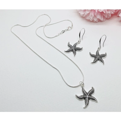 Starfish Pendant Necklace & Earrings Jewellery Set Real Silver 925 Handmade NEW Starfish Pendant Necklace & Earrings Jewellery Set Real Silver 925 Handmade NEW