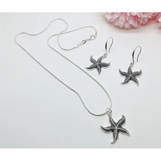 Starfish Pendant Necklace & Earrings Jewellery Set Real Silver 925 Handmade NEW