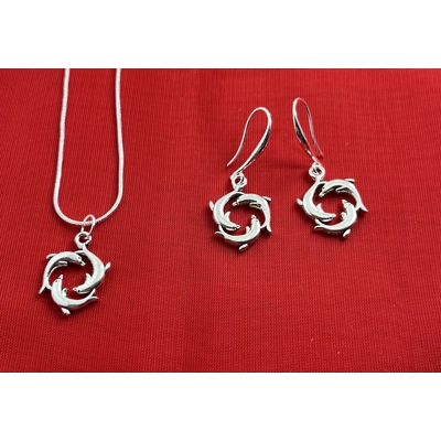 Dolphins Pendant Necklace And Earrings Jewellery Set Real Silver