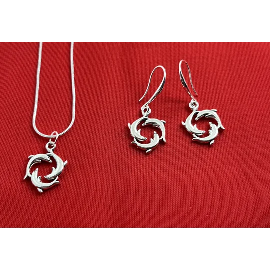 Dolphins Pendant Necklace And Earrings Jewellery Set Real Silver