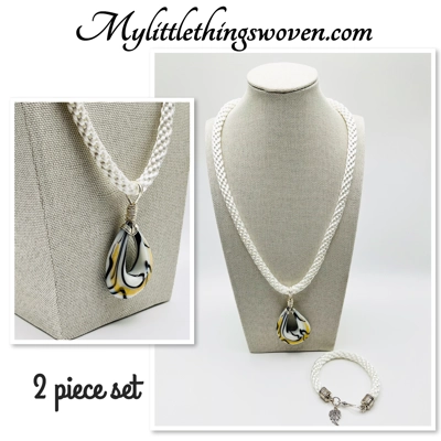 White Murano glass teardrop pendant on white kumihimo braided necklace & bracelet 2 piece set White Murano glass teardrop pendant on white kumihimo braided necklace & bracelet 2 piece set