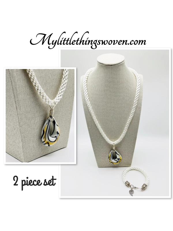 White Murano glass teardrop pendant on white kumihimo braided necklace & bracelet 2 piece set