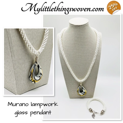 White Murano glass teardrop pendant on white kumihimo braided necklace & bracelet 2 piece set