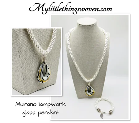 White Murano glass teardrop pendant on white kumihimo braided necklace & bracelet 2 piece set