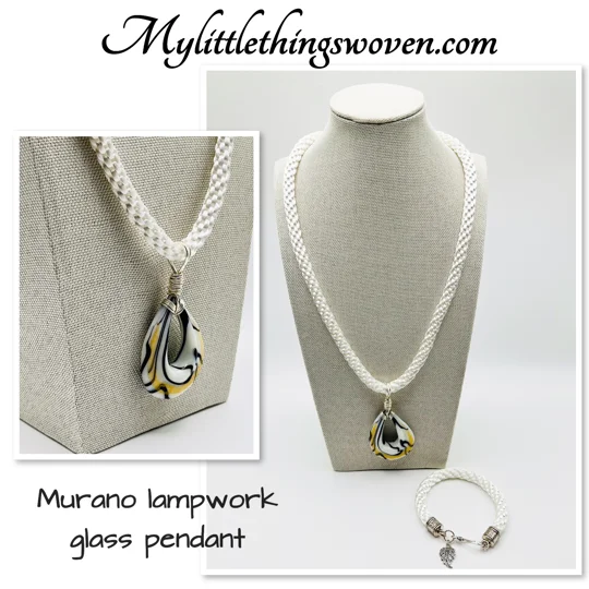 White Murano glass teardrop pendant on white kumihimo braided necklace & bracelet 2 piece set