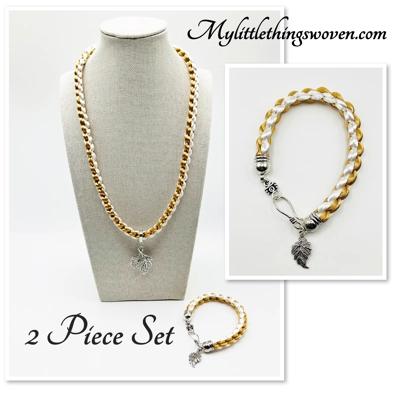 2 Piece Set Beige & White Necklace & Bracelet Leaf Theme Square SILK Kumihimo Braid, Silver
