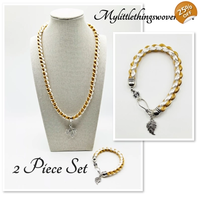 2 Piece Set Beige & White Necklace & Bracelet Leaf Theme Square SILK Kumihimo Braid, Silver