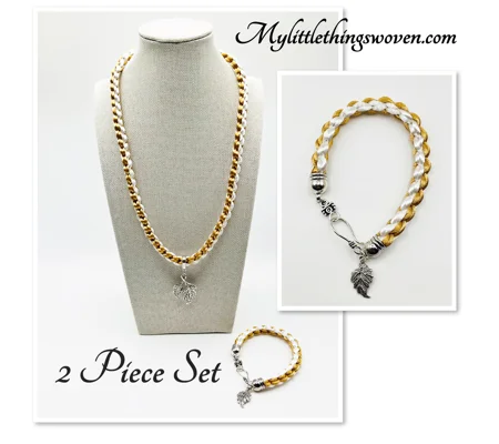 2 Piece Set Beige & White Necklace & Bracelet Leaf Theme Square SILK Kumihimo Braid, Silver
