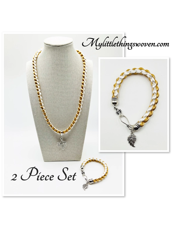 2 Piece Set Beige & White Necklace & Bracelet Leaf Theme Square SILK Kumihimo Braid, Silver