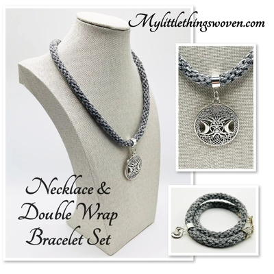 Grey Moon Pendant Necklace & Bracelet Magic Theme Braided kumihimo 2 Piece Set