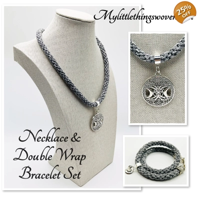 Grey Moon Pendant Necklace & Bracelet Magic Theme Braided kumihimo 2 Piece Set