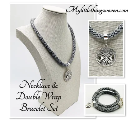 Grey Moon Pendant Necklace & Bracelet Magic Theme Braided kumihimo 2 Piece Set