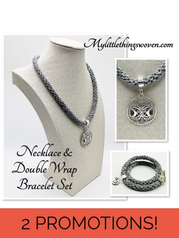 Grey Moon Pendant Necklace & Bracelet Magic Theme Braided kumihimo 2 Piece Set