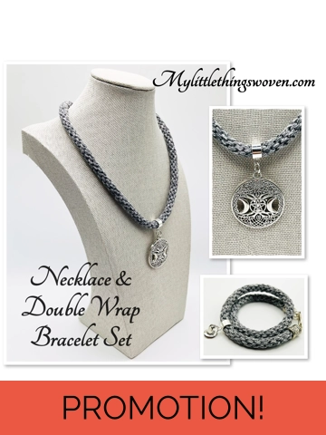 Grey Moon Pendant Necklace & Bracelet Magic Theme Braided kumihimo 2 Piece Set