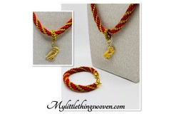 Owl Pendant Red And Gold Silk Braided Necklace & Bracelet 2 Piece Set Gold Plated