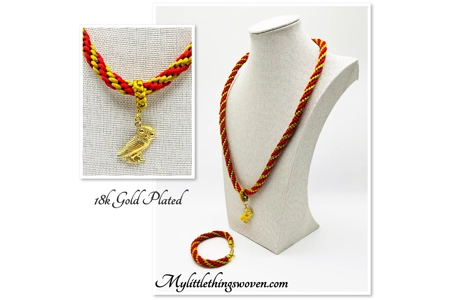 Owl Pendant Red And Gold Silk Braided Necklace & Bracelet 2 Piece Set Gold Plated