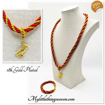 Owl Pendant Red And Gold Silk Braided Necklace & Bracelet 2 Piece Set Gold Plated