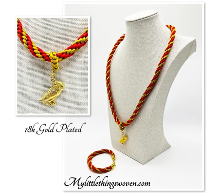 Owl Pendant Red And Gold Silk Braided Necklace & Bracelet 2 Piece Set Gold Plated