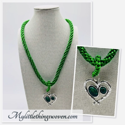 Green Heart Pendant and Necklace Hand Woven Kumihimo Braid Silver