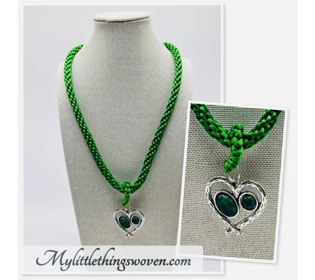 Green Heart Pendant and Necklace Hand Woven Kumihimo Braid Silver