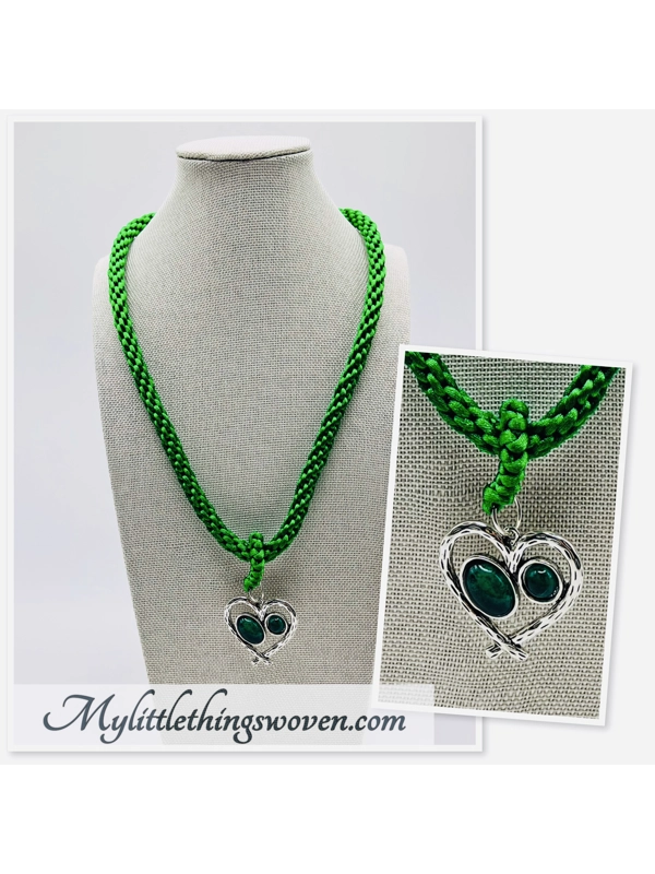 Green Heart Pendant and Necklace Hand Woven Kumihimo Braid Silver