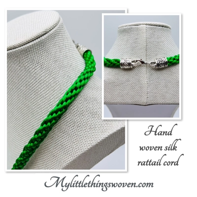 Green Heart Pendant and Necklace Hand Woven Kumihimo Braid Silver