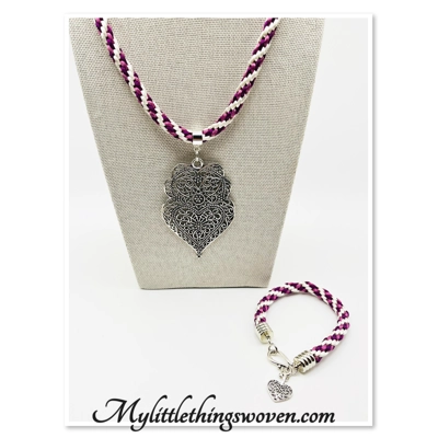 Pink & White Silk Braided Large Heart Mandala Pendant Necklace & Bracelet 2 piece Set