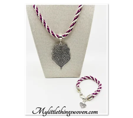 Pink & White Silk Braided Large Heart Mandala Pendant Necklace & Bracelet 2 piece Set