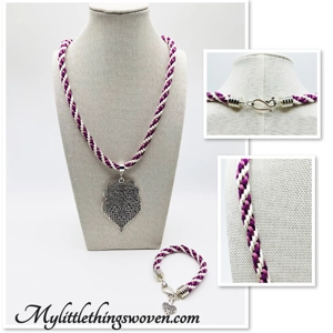 Pink & White Silk Braided Large Heart Mandala Pendant Necklace & Bracelet 2 piece Set