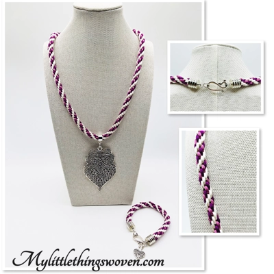 Pink & White Silk Braided Large Heart Mandala Pendant Necklace & Bracelet 2 piece Set