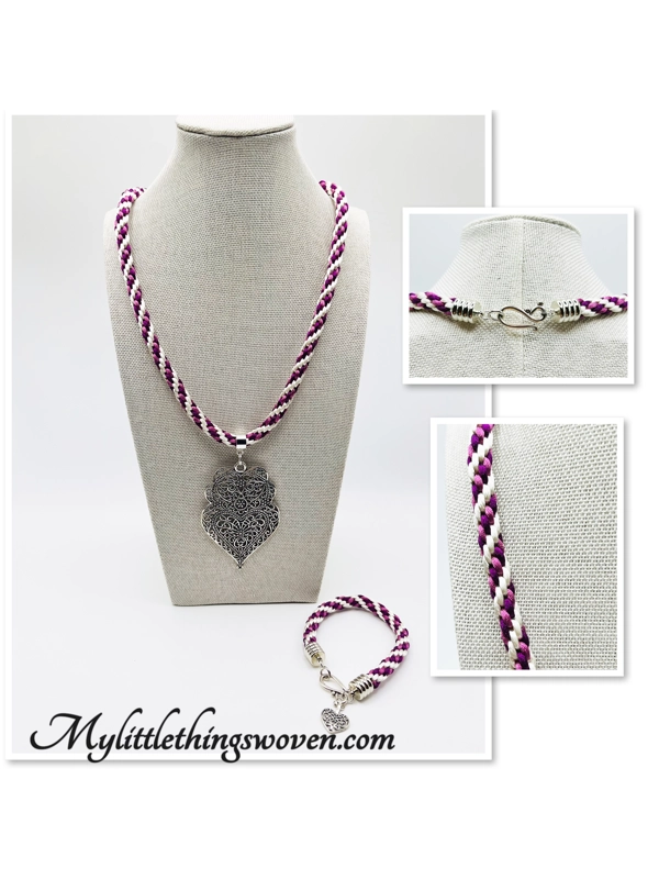 Pink & White Silk Braided Large Heart Mandala Pendant Necklace & Bracelet 2 piece Set