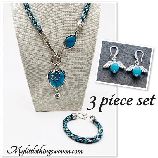 Turquoise Blue Necklace & Pendant + Bracelet + Earrings 3 piece set Handmade