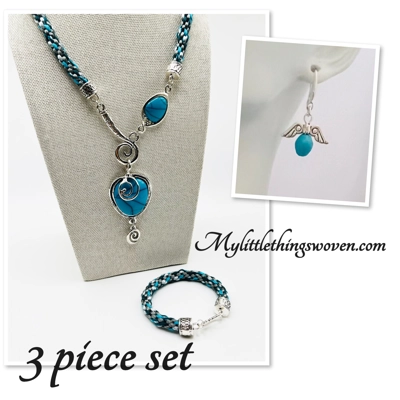 Turquoise Blue Necklace & Pendant + Bracelet + Earrings 3 piece set Handmade