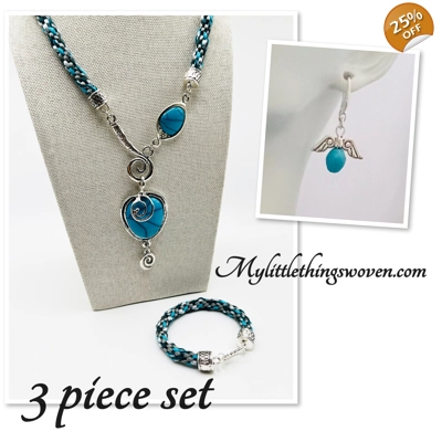 Turquoise Blue Necklace & Pendant + Bracelet + Earrings 3 piece set Handmade