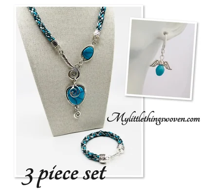 Turquoise Blue Necklace & Pendant + Bracelet + Earrings 3 piece set Handmade