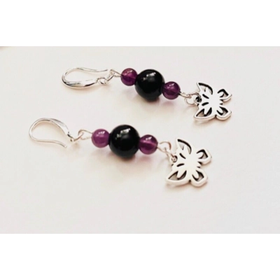 Black & Purple Multi-stranded Necklace & Real Amethyst Butterfly Earrings Set sterling silver