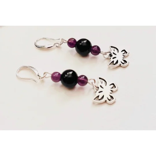 Black & Purple Multi-stranded Necklace & Real Amethyst Butterfly Earrings Set sterling silver