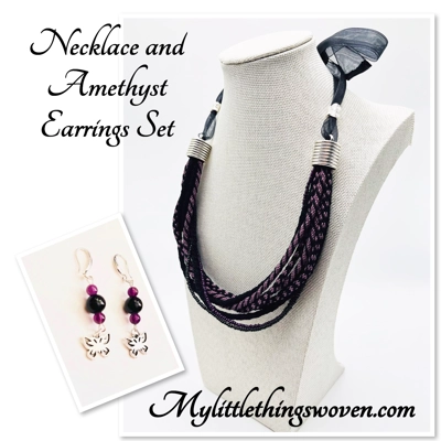 Black & Purple Multi-stranded Necklace & Real Amethyst Butterfly Earrings Set sterling silver