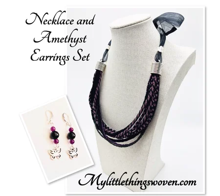 Black & Purple Multi-stranded Necklace & Real Amethyst Butterfly Earrings Set sterling silver