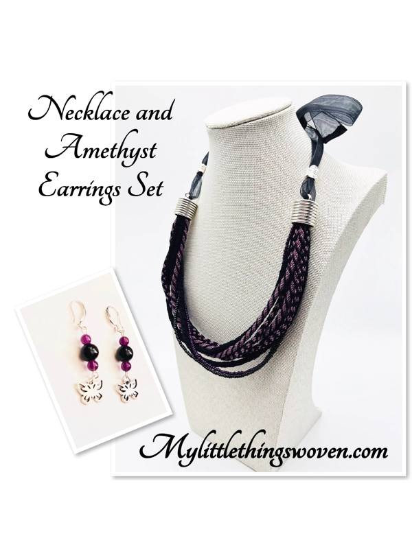 Black & Purple Multi-stranded Necklace & Real Amethyst Butterfly Earrings Set sterling silver