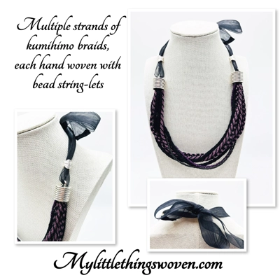 Black & Purple Multi-stranded Necklace & Real Amethyst Butterfly Earrings Set sterling silver