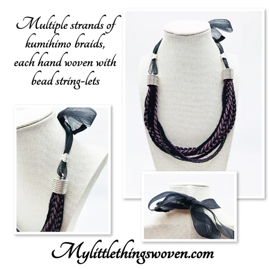 Black & Purple Multi-stranded Necklace & Real Amethyst Butterfly Earrings Set sterling silver