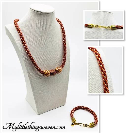 2 Piece Jewellery Set, Red/Multicoloured, Beaded, Kumihimo, Handmade