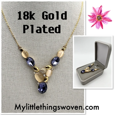 18k Yellow Gold Plated Asymmetrical Amethyst Necklace 24" in Velvet Gift Box NEW