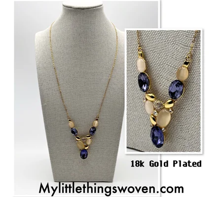 18k Yellow Gold Plated Asymmetrical Amethyst Necklace 24" in Velvet Gift Box NEW