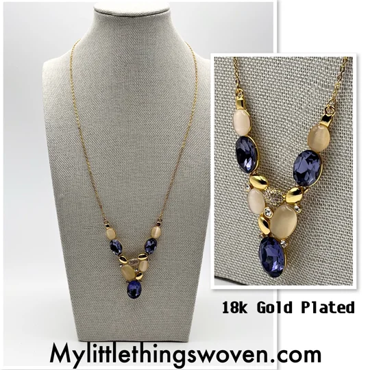 18k Yellow Gold Plated Asymmetrical Amethyst Necklace 24" in Velvet Gift Box NEW