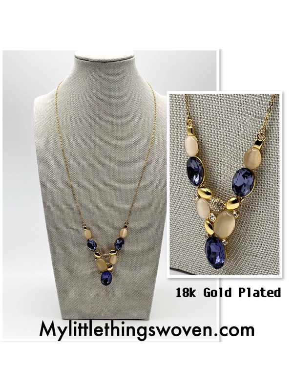 18k Yellow Gold Plated Asymmetrical Amethyst Necklace 24" in Velvet Gift Box NEW